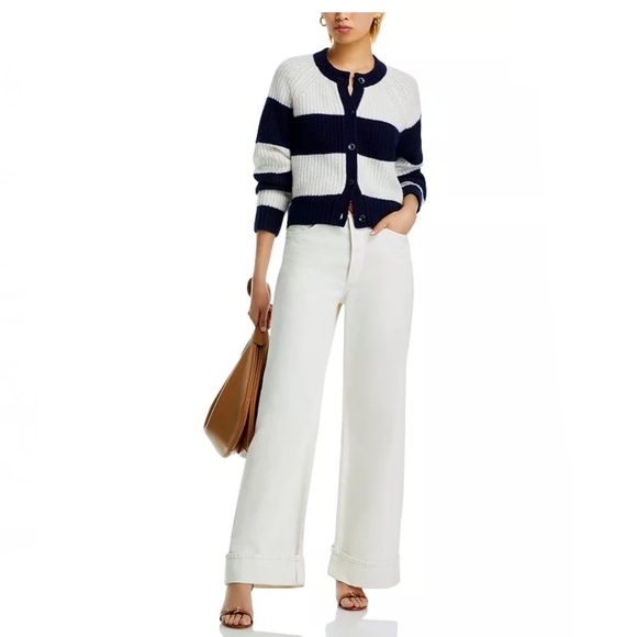 Luxurious 100% Cashmere Rugby Stripe Shaker Stitch Cardigan By Aqua in Navy / Iv - Picture 1 of 5